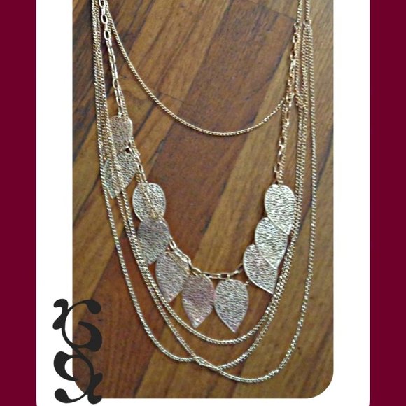Gold Tone Multi-Layered Chain Sweater Necklace With Leaf Designs For Women/Teens - Picture 1 of 1